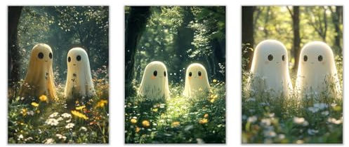 JOSUE Set 3 Teilig Grün, weiß Halloween Deko Bilder Poster Leinwand Bilder, Geisterwald Bilder Wanddekoration Wohnzimmer Schlafzimmer Wanddeko-40x60cmx3 Ungerahmt
