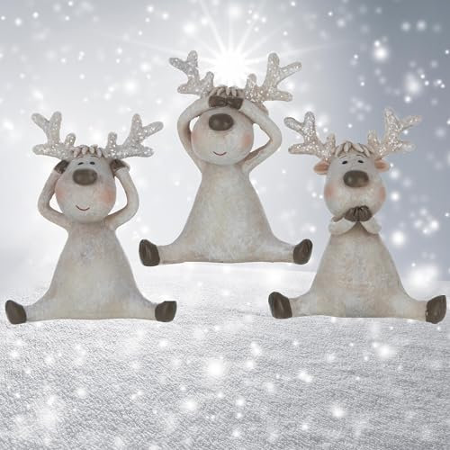 Pommerntraum ® | 3-ER Set WohnDeko Weihnachtsdekoration 3 Elche Rentiere Nichts HÖREN Nichts Sagen Nichts SEHEN ... (Rentiere mit Glitzer)