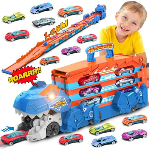 TERRAMUS Camion de transport dinosaure pour garçons âgés de 3, 4, 5, 6, 3 en 1 avec 8 voitures de course, jouet pliable à éjection avec son, meilleur cadeau de véhicules pour enfants