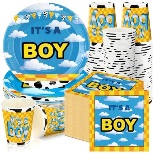 Hushee 200 Pcs Cartoon Story Baby Shower Paper Plates Napkins Cups Baby Shower Party Supplies Tableware Set Disposable Cup Napkin for 50 Guest Party Decoration