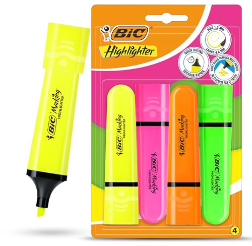 BIC Marking Textmarker Flach Textmarker Marker 4 Stück Kunststoff Textmarker mit fluoreszierender sortierter Neontinte Textmarker Stifte für glatte Noten Präzise Highlights Ideal für Schule und Büro