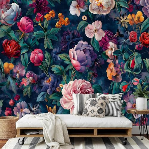 3D Tapete Seidenstoff Fototapete, Vintage Blumen 3D Effekt Tapete für Wohnzimmer Schlafzimmer Hauptdekorationen Wandtapete, Barock Fototapete 450x315cm (B×H) Wandbild