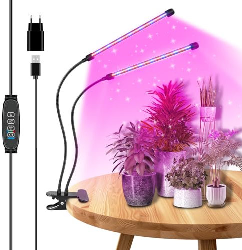 RIGIDON Lampe Plante Interieur avec Clip, 2 Têtes 40 leds Grow Light, 460nm-470nm 620nm-630nm Lampe de Culture Led Horticole, ON/OFF Automatique, 3 Modes pour Hydroponie, Serre Culture, Semis