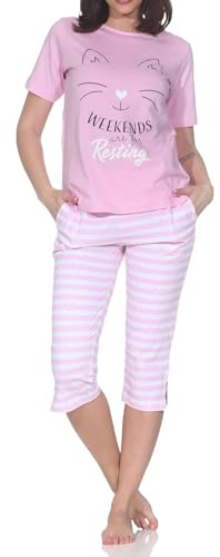 Normann Damen Kurzarm Capri Schlafanzug Pyjama in Katzen Optik - auch in Übergrößen