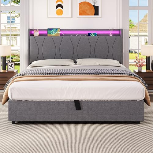 4ft6 Double Bed Frame Upholstered Ottoman Bed with Hydraulic Storage & LED Concealed Storage Headboard, Linen Grey Functional Gas Lift Storage Beds with Charging Station & Sturdy Metal-Wood Support