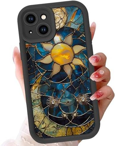 Phoona Case for iPhone 14 6.1, Cute Aesthetic Design Moon Stars Preppy Pattern, Silicone Soft TPU Shockproof Protective Camera Cover Phone Case for Girls Women, Sun Celestial Glass
