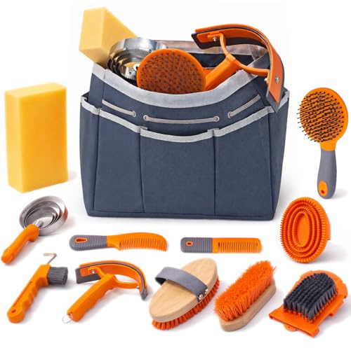 Professional Horse Brush Kit with Storage Tote, 12-Piece Grooming Set for Daily Stable Care, Includes Curry Comb, Hoof Pick & Mane Brush