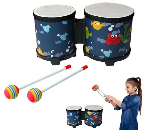 BONGO DRUM - Perkussionsinstrument KIDS Musikinstrument | Hand Drum aus Holz mit 2 bunten Stäben, pädagogisches Rhythmusspielzeug für Kinder und Kinder, Weihnachtsgeschenk oder Geburtstagsgeschenk id