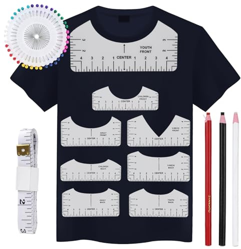 13 Stück T-Shirt Ausrichtungslineal, PVC, Transparente, für DIY | T-Shirt Lineal, mit Farbige Scheibennadel, langes Maßband, Buntstifte, für DIY-Bekleidungsherstellung