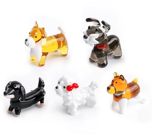 H&D HYALINE & DORA 5 statuette in vetro soffiato a mano a forma di mini cane, include bassotto, cane beagle, cuccioli, statuette in vetro per oggetti da collezione, decorazione per la casa
