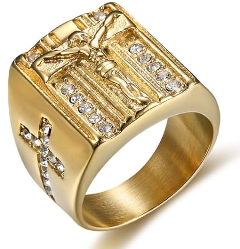 Fachoice Funkelnd Kruzifix Kreuz Ring Herren Gold Stilvoller Christin Jesus Kruzifix Ring Jahrgang CZ Christus Jesus Schmuck Manner