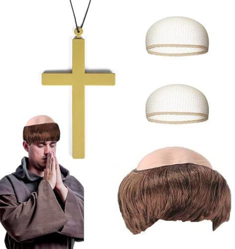 XCSJ Perücke Mönch,4 Pcs, Mönch Kostüm Set, perücke mönch Tonsur Priester, Latex Halbglatze Perücke, Mittelalterliches Mönch Kostüm, Lustige Perücken Für Halloween, Cosplay, Party, Karneval, (Braun)