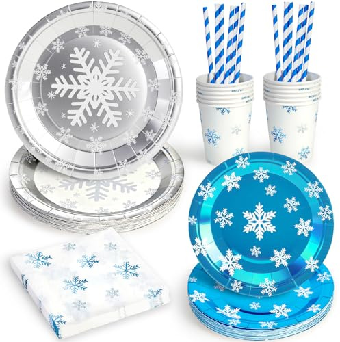 Set Schneeflocken Partygeschirr Kindergeburtstag, Pappteller Servietten Becher Strohhalme Winter Geburtstagsdeko Mädchen Junge Eisfest Geburtstagsteller Blau Silber Partyteller Geschirrset 12 Personen