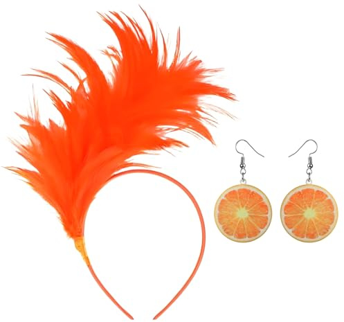 Haarreif Orange,Ohrringe Orange,Orangen Feder Haarschmuck,Haarreifen Obst Set,Feder Kopfschmuck,Orangenscheiben Schmuck Stirnband,Karneval Halloween KostüMparty BüHnenauftritt Geschenk FüR Frauen