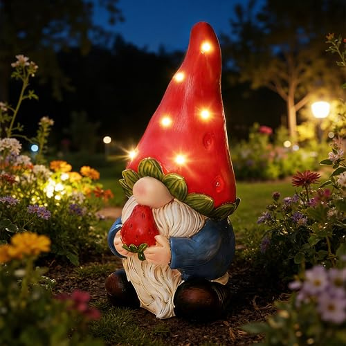Hometopia 40cm Solar LED Gartenfigur Erdbeer-Wichtelmit,Solarlampen Gartenstatue mit Beleuchtung–Wetterfeste Dekofigur & Ideales Muttertagsgeschenk für Mama Oma – Für Garten, Terrasse & Balkon