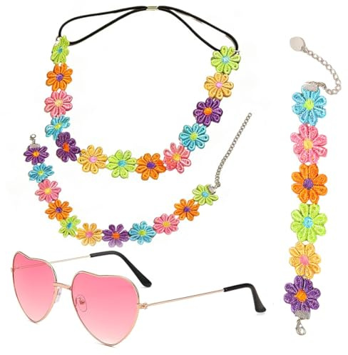 4pcs costumi hippie anni '60 anni '70 hippie, accessori per costume hippie, fascia da donna, Occhiali da Festa Hippie, collana con girasoli, bracciale con girasoli, accessori per travestimento hippie