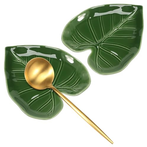 2PCS Funny Leaf Spoon Rest, Ceramic Spatula Holder for Stove Top and Kitchen Counter, Cute Green Kitchen Accessories Decor Gift