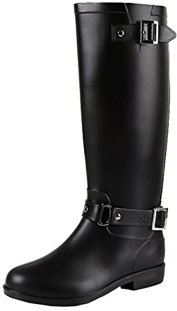 tqgold Stivali di gomma da donna a gambo lungo, con chiusura lampo, tacco leggero, moderno, Eva Wellington, nero/rosso, 36 EU