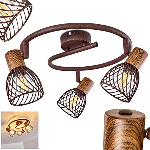 Deckenleuchte Arjen, Deckenlampe aus Metall/Holz in Rost/Braun, 3-flammig, mit verstellbaren Strahlern, 3 x E14 -Fassung, Spot im Retro/Vintage Design, ohne Leuchtmittel