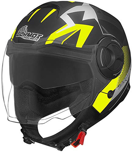 Germot Motorrad Jet-Helm GM 650, integrierte Sonnenblende, matt-schwarz/fluo-gelb, S
