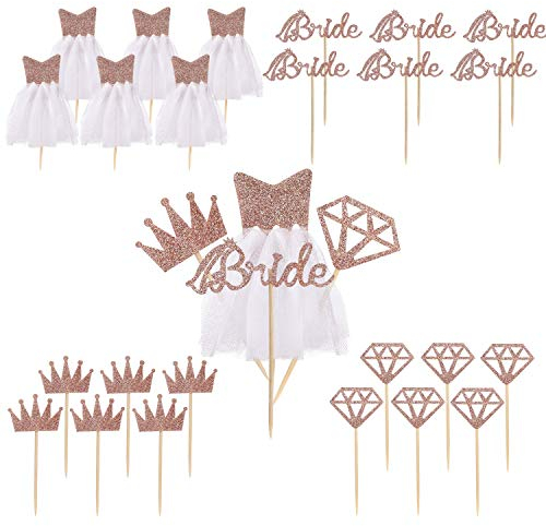 Braut Kuchen Topper Roségold Pink Glitter Cupcake Toppers mit Diamant, Krone, Braut, 3D Brautkleid für Brautdusche, Hochzeit Verlobung, Dessert Dekor 28 Stück