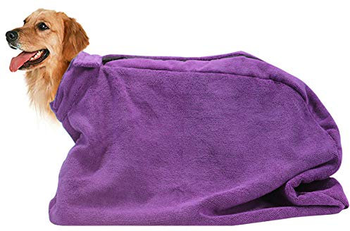 Pethiy - Premium Hundebademantel aus Mikrofaser -Hunde trocknungstasche,Hunde Badetuch mit Reißverschluss,Super saugfähig Weich Hundehandtuch Zum Baden und Schwimmen geeignet-Lila-M Plus
