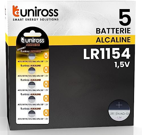 Uniross Piles alcalines bouton AG13 LR1154 LR44 A76 357 G13 1,5 V longue durée de vie de charge jusqu'à 5 ans sans mercure et cadmium - Blister de 5 piles