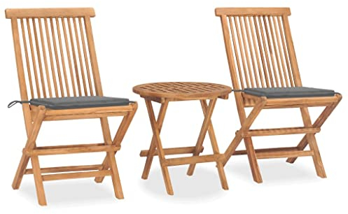 vidaXL Teak Massiv Gartenmöbel 3-TLG. mit Kissen Klappbar Bistroset Balkonset Balkonmöbel Gartengarnitur Gartenset Tisch Stühle Sitzgruppe