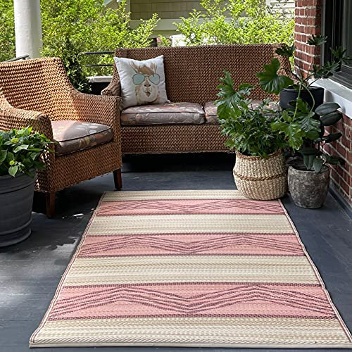 FAB HAB Outdoor-Teppich - wetterfest, farbecht, wendbar - recycelter Premium-Kunststoff - Tribal Boho neutral - Terrasse, Balkon, Garten - Kunststoffteppich Lagos Sand und Koralle, 180x270 cm
