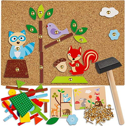 alles-meine.de GmbH Hammerspiel - 170 Teile Tiere im Wald/für Kinder - Klopfspiel Nagelspiel - Hämmerchenspiel - Holz bunt Nagel Hammer - Hämmerchen mit Korkplatte & Vorlagen..