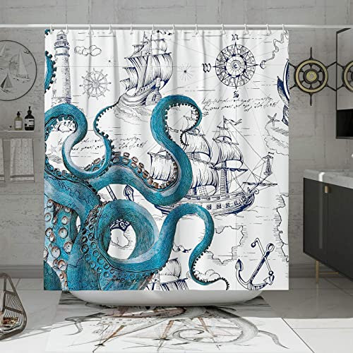 GOOESING Cool Octopus Shower Curtain Anime Nautical Shower Curtain Teal Kraken Shower Curtain Sailboat Pirate Shower Curtain Polyester Waterproof Shower Curtain