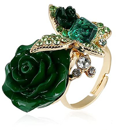 CZ Butterfly Flower Wedding Ring for Women Girls Statement Engagement Rectangle Rhinstone Aryclic Rose Adjustable Open Wrap Finger Rings Comfort Fit Cocktail Party Vintagage Jewelry Gift (Green)