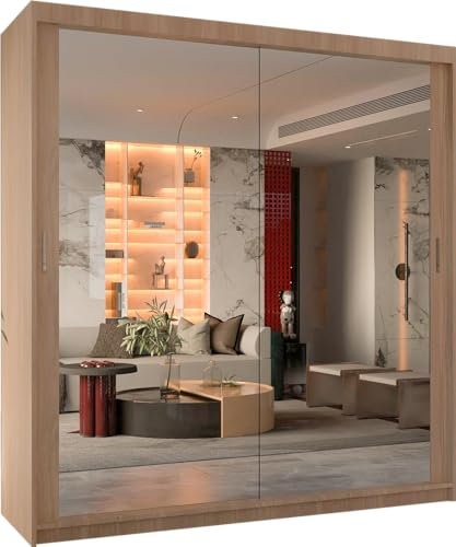 MN Furniture Double Sliding Doors Wardrobe Bedroom Furniture Cupboard Clothes Storage Organiser Hanging Rail Shelves (120 CM, OAK)