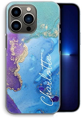 Personalised Apple iPhone Case - Custom Plastic Hard Cover for iPhone 15, 14, 13, 12, 11, Pro Max, Mini, XR, SE - White Side Name Purple Blue Marble Initial Phone Case