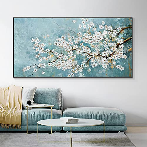 # Gerahmte Leinwand-Wandkunst große Größe Wandkunst Gemälde weiße blühende Blumen Bäume Leinwand Poster Bilder für Zuhause Wohnzimmer Dekoration 163x81 cm/64x32 Zoll mit schwarzem Rahmen