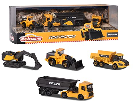 Majorette 212057287SDN - Volvo Baufahrzeuge, 4-Pack 4-Pack Volvo Baufahrzeuge aus Metall mit Freilauf und beweglichen Teilen, Ab 3 Jahren