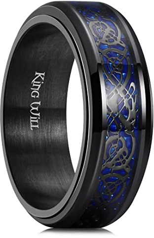 King Will Bague Spinner pour Homme en Acier Inoxydable 316L – Anneau Anti-Stress Fidget de 8 mm avec Motif Dragon Celtique et Incrustation en Fibre de Carbone