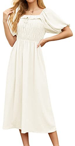 GRECERELLE Womens Summer Casual Midi Maxi Dress Square Neck Half Sleeve Ruffled Backless Smocked Elastic Waist Swiss Dot Cocktail Long Dresses for Ladies (Beige, L)