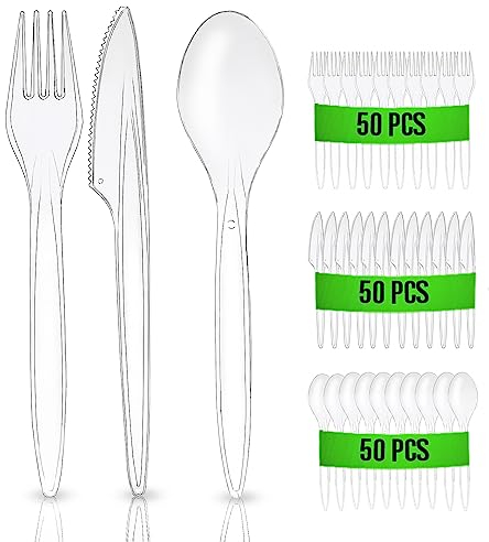 Rago® Kit Couvert en Plastique Réutilisables 150 pcs I PREMIUM Ensemble de camping Outdoor Couverts de fête réutilisables I Couverts Respectueux de la nature – Transparent