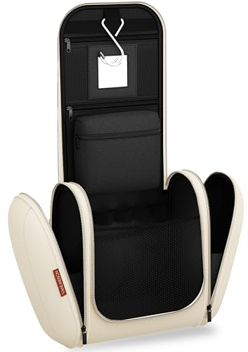 VanLindson Kulturbeutel 8 Liter zum Aufhängen, Kulturtasche für Damen, Herren und Kinder, Große Reise Kosmetiktasche Organizer, Waschtasche mit Spiegel, Makeup Bag Waschbeutel, Beige