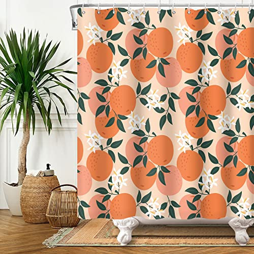Bovlleetd Tende da Doccia Arancione Carino Frutta Agrumi Verde Foglie Floreali Pianta Tenda da Doccia per il Bagno Tenda da Doccia da Bagno in Tessuto Idrorepellente Luminoso con 8 Fori 122x183cm
