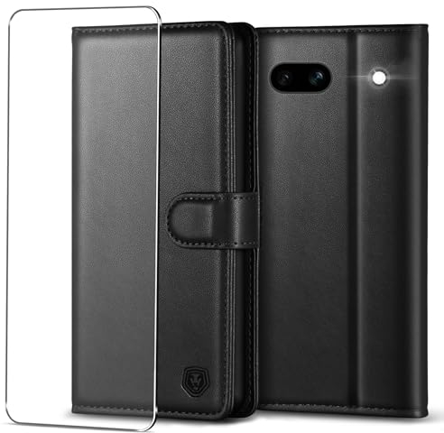 Kuafcase Premium PU-Leder Flip Case mit Brieftasche für Google Pixel 7A (6.1 Zoll) - Schwarz mit Panzerglas, Magnetverschluss, Ständer, RFID Schutz, Kartenfächer