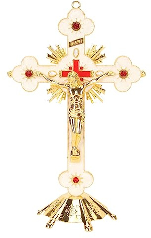 Stehendes Kruzifix, Exquisites Retro-Elegantes Metall-Stehkreuz, Rotes Strass-Dekoration-Kruzifix-Kreuz mit Sockel, Stabiles, Langlebiges Katholisches Jesus-Kreuz, für Christen