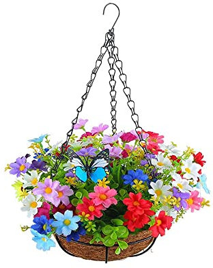 YSINOBEAR Artificial Hanging Basket with Flowers,Flower Basket,Artificial Hanging Flowers in Basket, Silk Chain Hanging Basket,Fake Hanging Plants for Home Outdoors Garden Patio Porch (D)