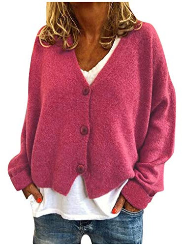 Cardigan da donna in maglia a trecce, leggero, classico, morbido, in lana, con scollo a V, cardigan con bottoni, maniche lunghe, casual, maglione, maglione, top da donna, Rosa acceso, XXX-Large