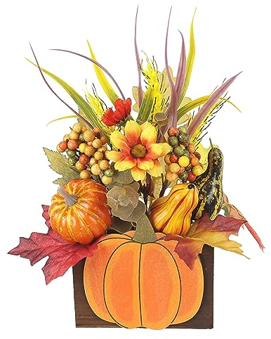 Kunstblume Dahlien mit Beeren Kürbis Weizen im Topf Herbstgesteck Herbstliche Blumen Kunstpflanze Gesteck Halloween Thanksgiving Deko Blumendeko Herbstblumen Herbstlaub Tischdeko Mittelstück
