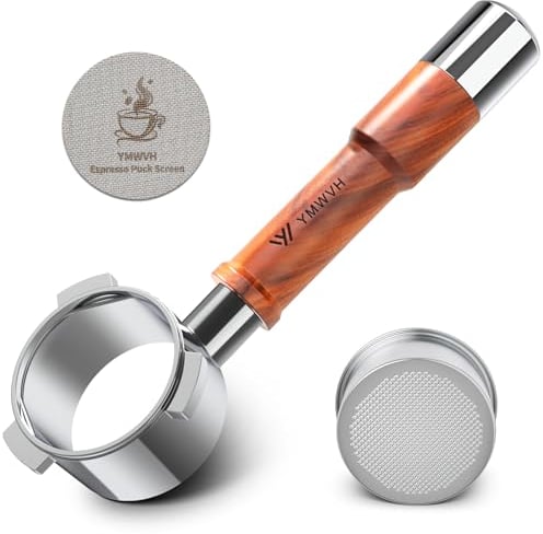 Porte-filtre sans fond de 54 mm avec écran rondelle | Convient pour machines Breville de 54 mm | Porte-filtre 100 % acier inoxydable et poignée en bois de noyer | Accessoires pour machines à expresso