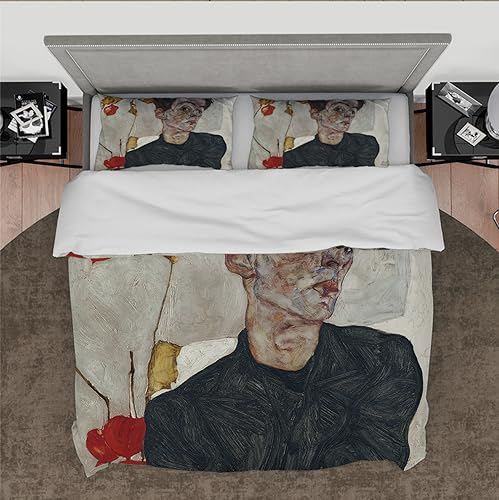 DINGSION Egon Schiele Daunenbettwäsche 3-teiliges HD-Selbstporträt mit Physalis Weich gebürstete Mikrofaser-Schlafzimmerbettwäsche Set mit 2 Kissenkissen 140 x 220 cm