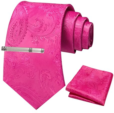 JEMYGINS Herren Paisley Krawatten set mit Krawattenklammer und Einstecktuch,Pfau Rote Bete Lila Helle Rose