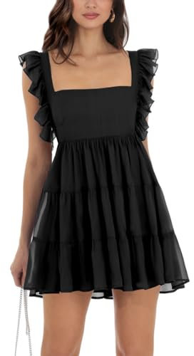 MAYFASEY Women's Square Neck Chiffon Mini Dress Ruffle Strap Tie Back A-Line Swing Flowy Short Dress, Black, L